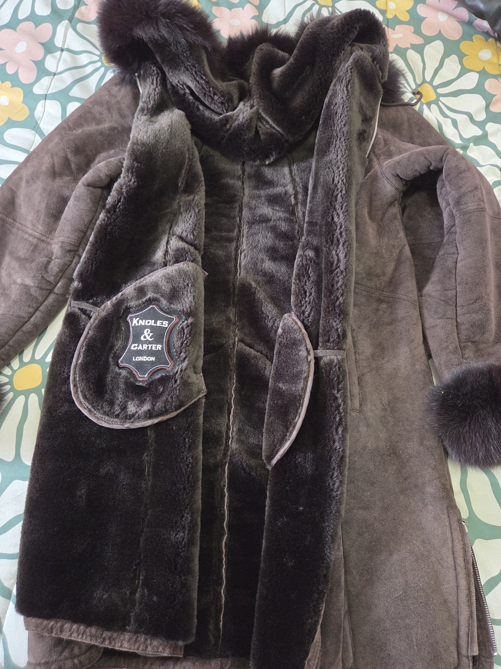 Knoles & Carter London Genuine Suede Leather Coat Faux Fur Hooded Winter Jacket